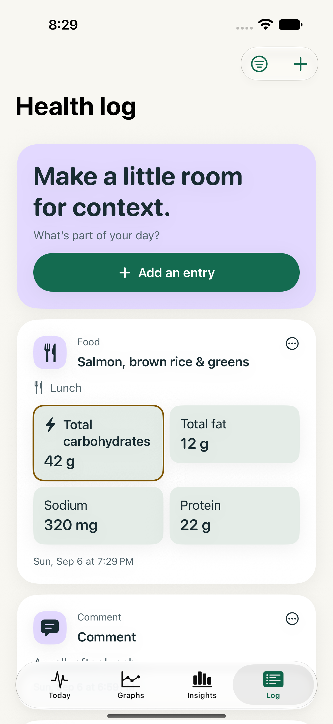 Glucose Thread meal and nutrition log with example entries