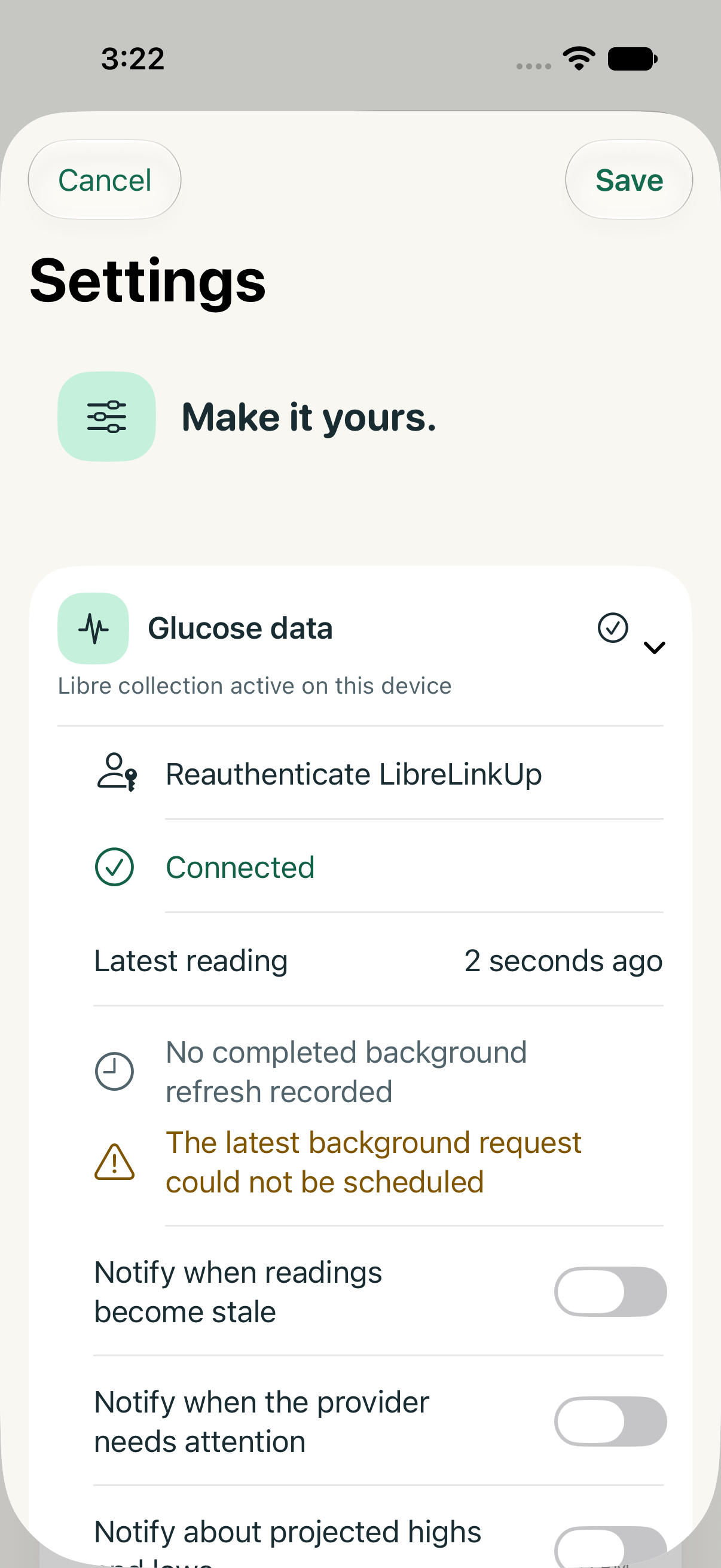 Glucose Thread Settings with Connect Libre under Glucose data