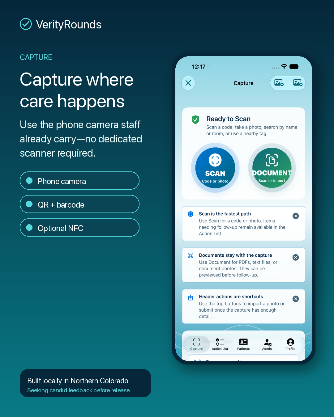 VerityRounds Capture workflow showing phone-camera, QR, barcode, and NFC options